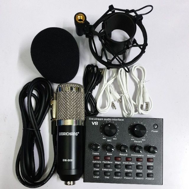 mic thu âm livestream hát karaoke micro woaichang bm900 card v8