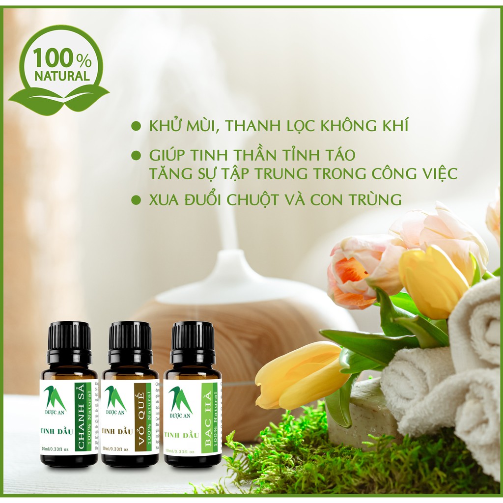 Combo 3 loaị Tinh Dầu (Chanh Sả, Bạc Hà, Vỏ Quế) Nguyên Chất, Xông Thơm Phòng, Xe Hơi