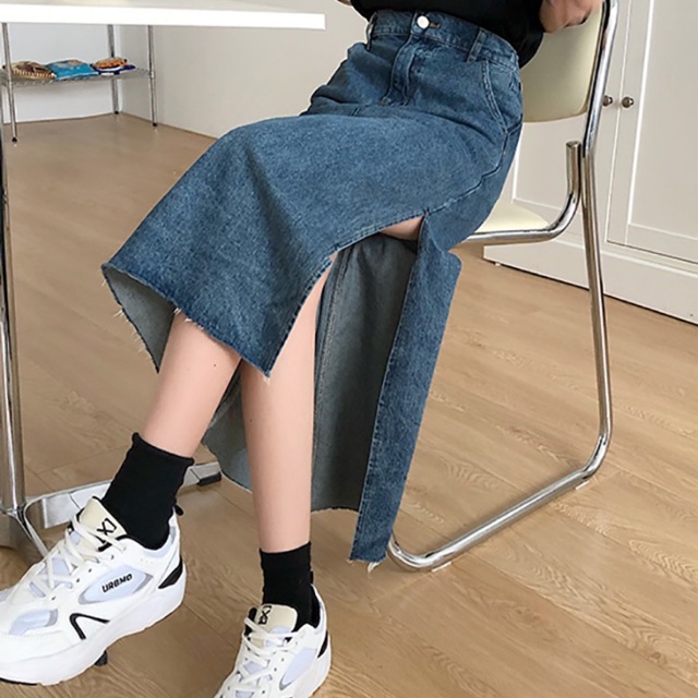 Chân váy bò dài xẻ 🍒chân váy midi WANAWEAR [SẴN HÀNG] xu hướng hot hàng QC jean dày dặn