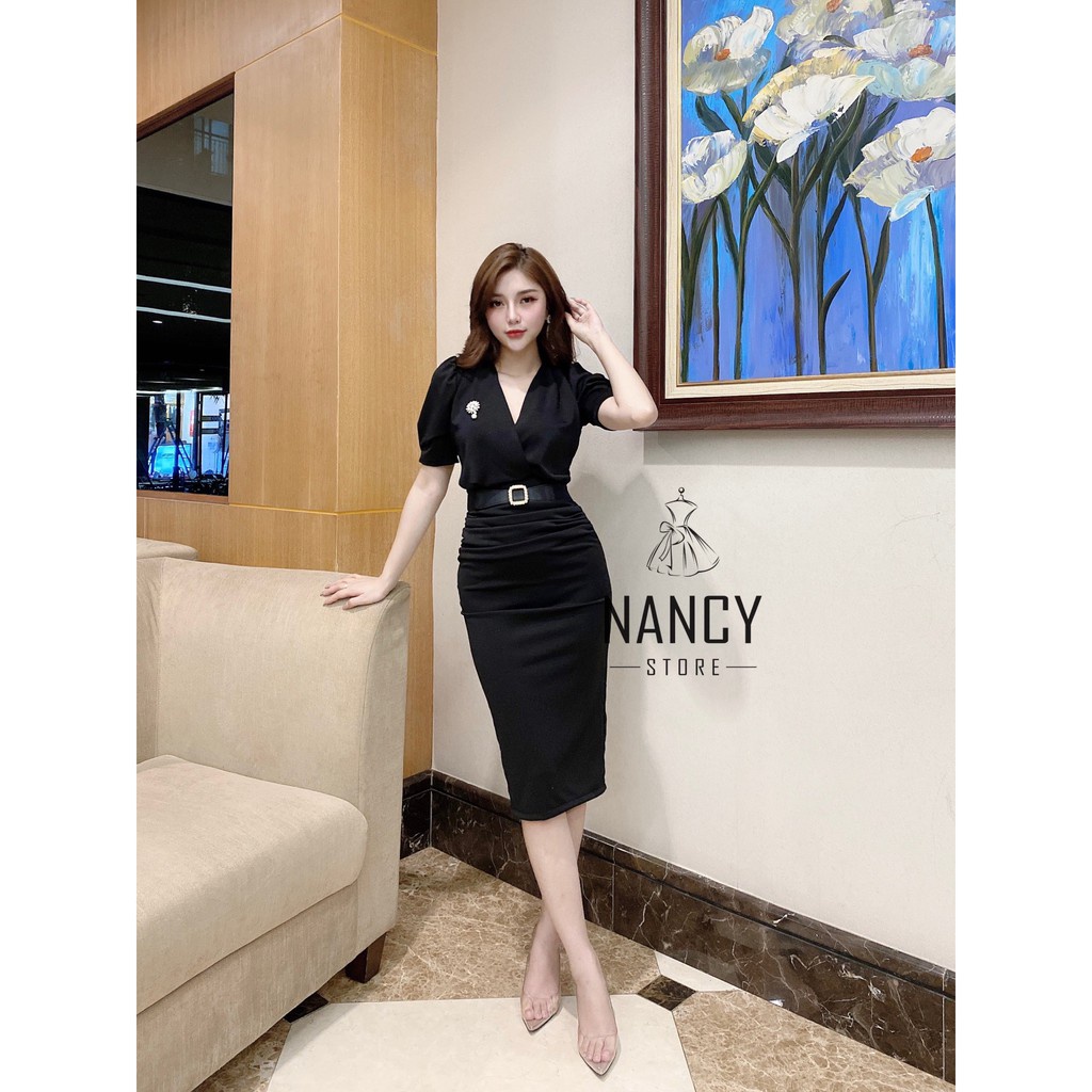 Đầm body đai đính eo cổ chéo, tay ngắn dáng dài cao cấp dự tiệc | BigBuy360 - bigbuy360.vn