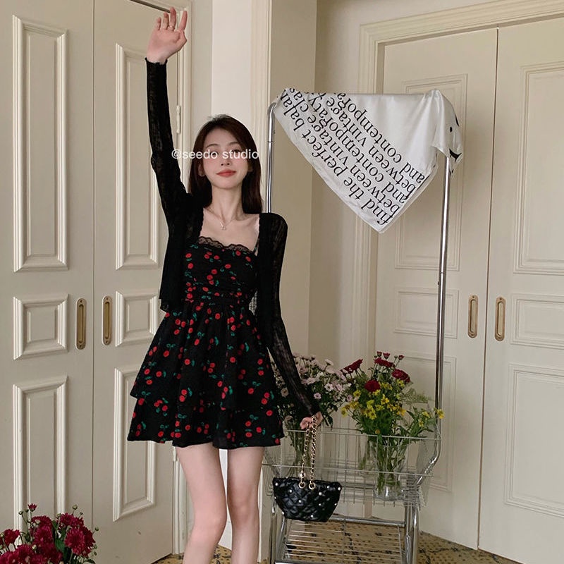 Bộ Áo Khoác Cardigan + Đầm Hoa Hai Dây Xinh Xắn Thời Trang Mùa Hè Cho Nữ