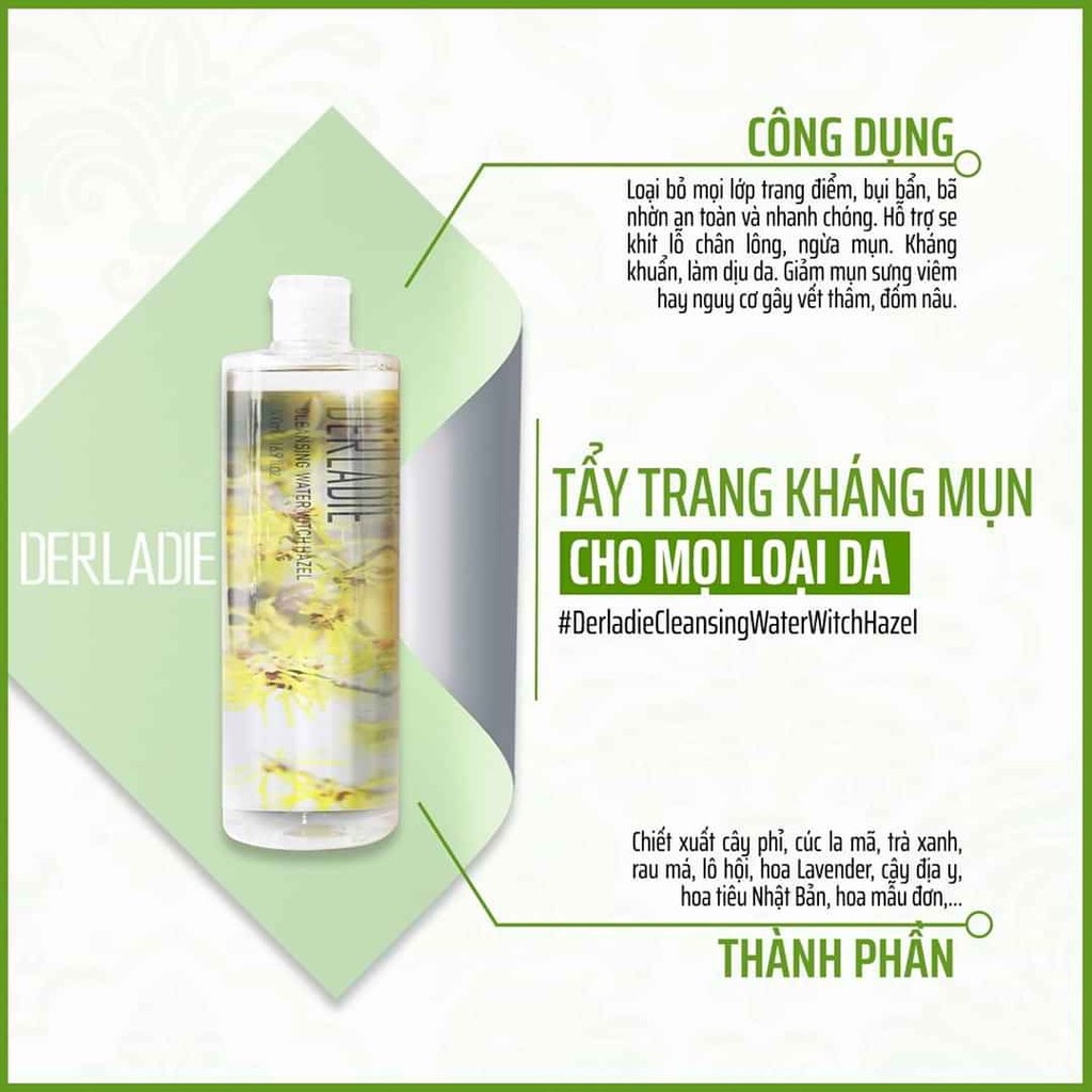 Combo Làm Sạch, Dưỡng Ẩm, Dịu Nhẹ Chiết Xuất Cây Phỉ Derladie (Nước Tấy Trang 500ml + Nước Hoa Hồng 500ml)