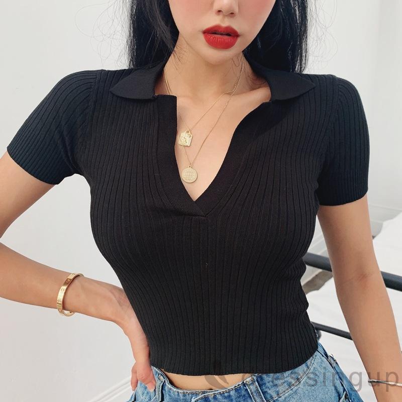 DRESSINGUP-Áo Croptop Tay Ngắn Màu Trơn Thiết Kế Cổ Chữ V Độc Đáo Cá Tính Cho Nữ