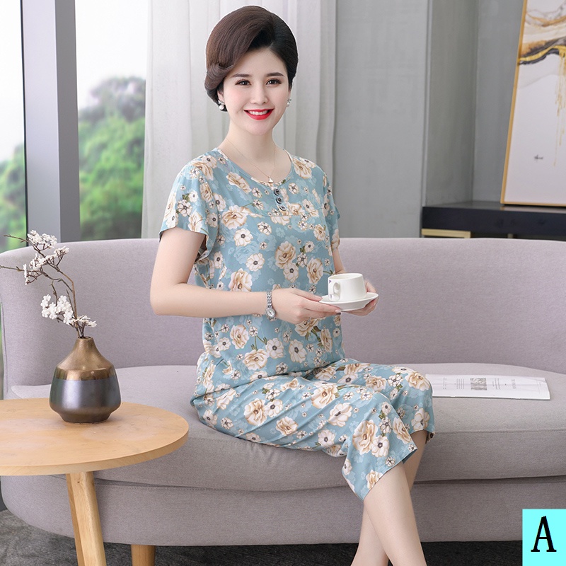 Bộ Đồ Ngủ Tay Ngắn Chất Cotton Lụa Thời Trang Cho Phụ Nữ Trung Niên