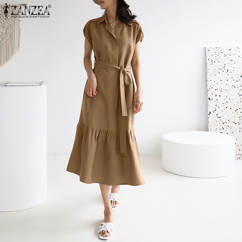 Zanzea Đầm Dài Mỏng Dáng Rộng Cột Dây Phối Bèo Thời Trang Đường Phố Thanh Lịch Cho Nữ