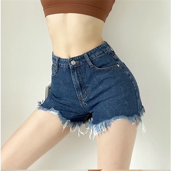 Quần short jean nữ BigSize lưng cao trên rốn, co dãn mạnh, tua lai, màu xanh đậm trơn kiểu dành cho người mập 4225 MLJ