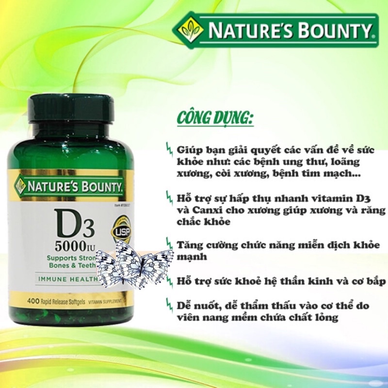 💚🍀   Viên uống bổ sung Vitamin D3 Nature’s Bounty Vitamin D3 125mcg, 400 viên của Mỹ