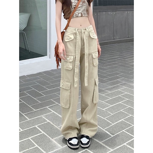 Quần yếm denim phối kaki màu xám,lưng cao ống rộng phong cách retro dễ phối đồ bigsize ib cho shop trước