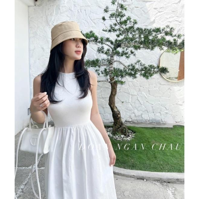 Đầm maxi xòe cổ tròn không tay 2 màu