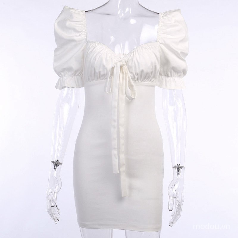 Đầm ôm tay ngắn cổ chữ V màu trơn thời trang quyến rũ cho nữ