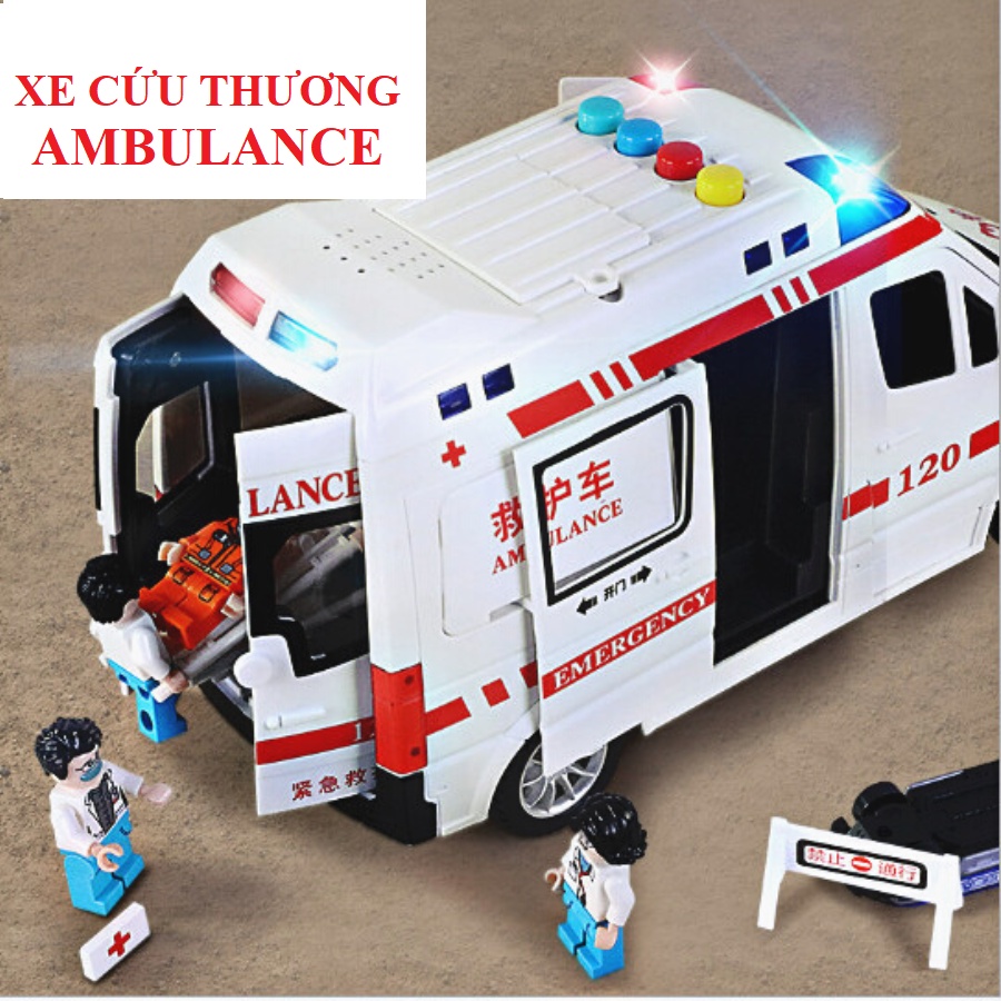 Đồ chơi xe cứu thương cao cấp, tặng kèm : 3 nhân vật lego, máng khiêng, 3 pin, tua vít, sạc dự phòng