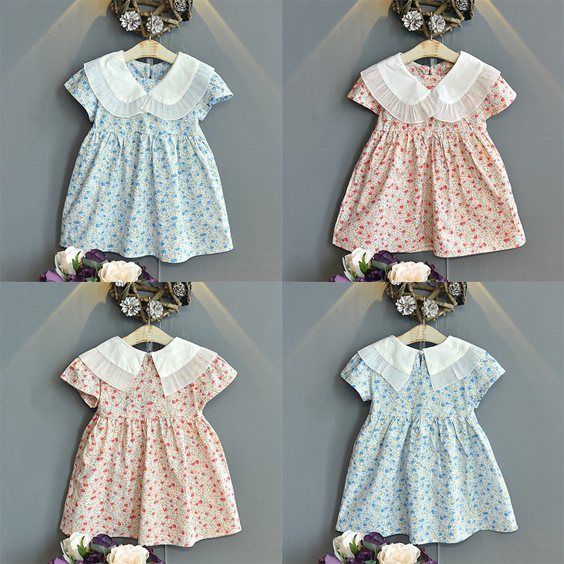 Se7en Summer Girls' Korean Sweet Temperament Short Sleeve Floral Lapel Dress For 85-135cm