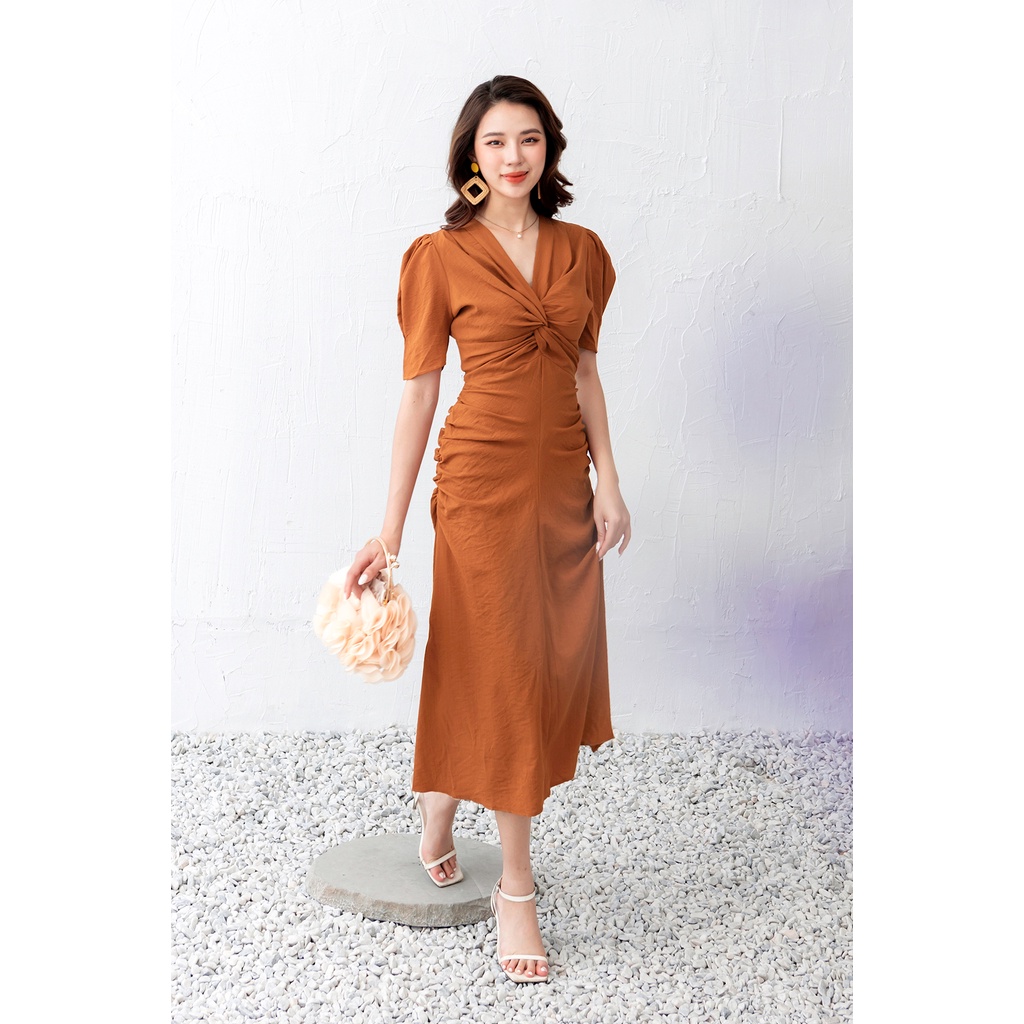 Váy xoắn ngực rúm bên cam HM