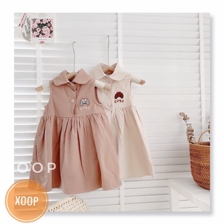 Váy sát nách cổ sơ mi thêu cún cute cho bé gái