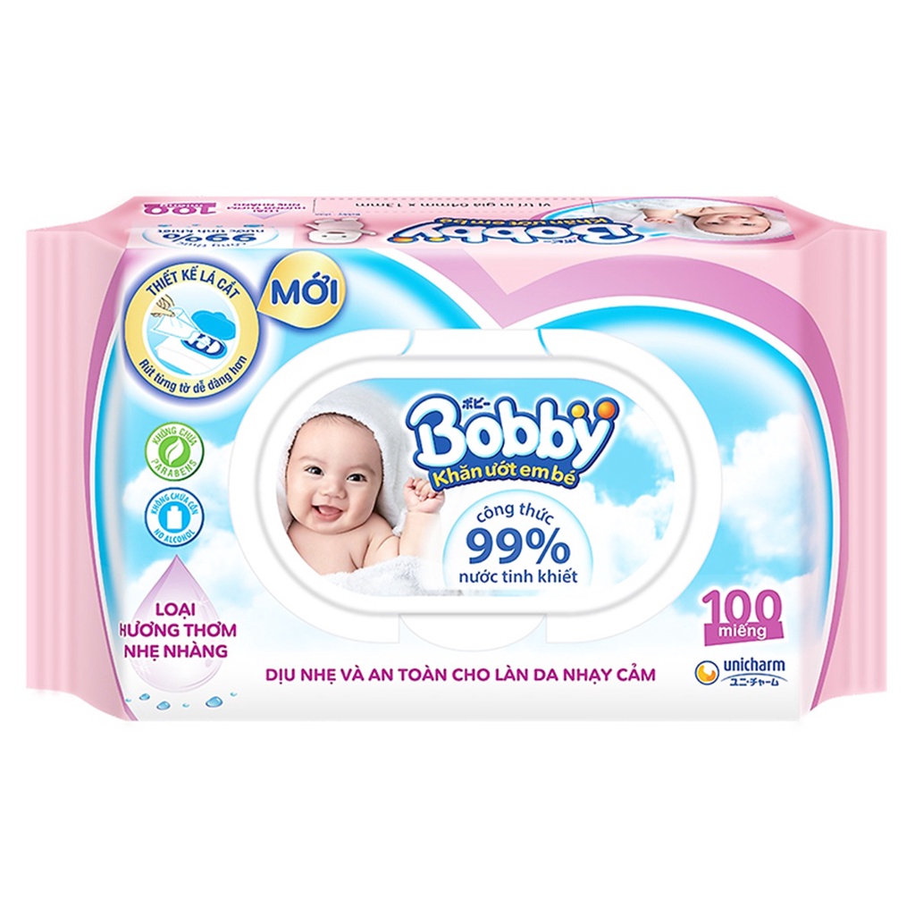 Khăn Uớt Bobby Em Bé Hương Thơm Nhẹ Nhàng 100 Miếng