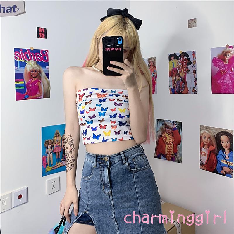 Áo Croptop Không Tay Hở Vai In Hình Bướm Thời Trang Cho Nữ