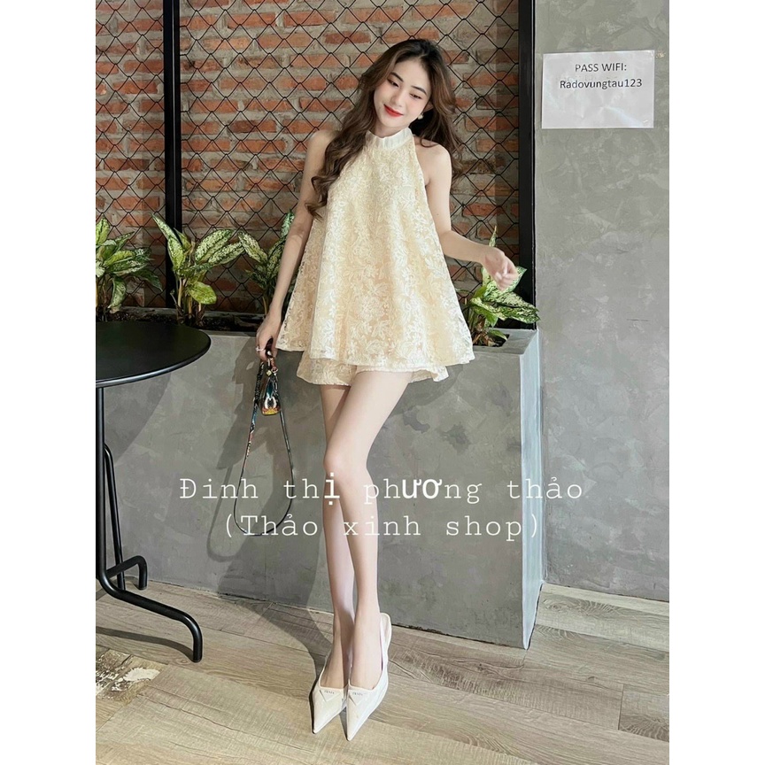 Sét áo xoè cổ yếm kèm quần đùi chất ren 2 lớp dễ thương