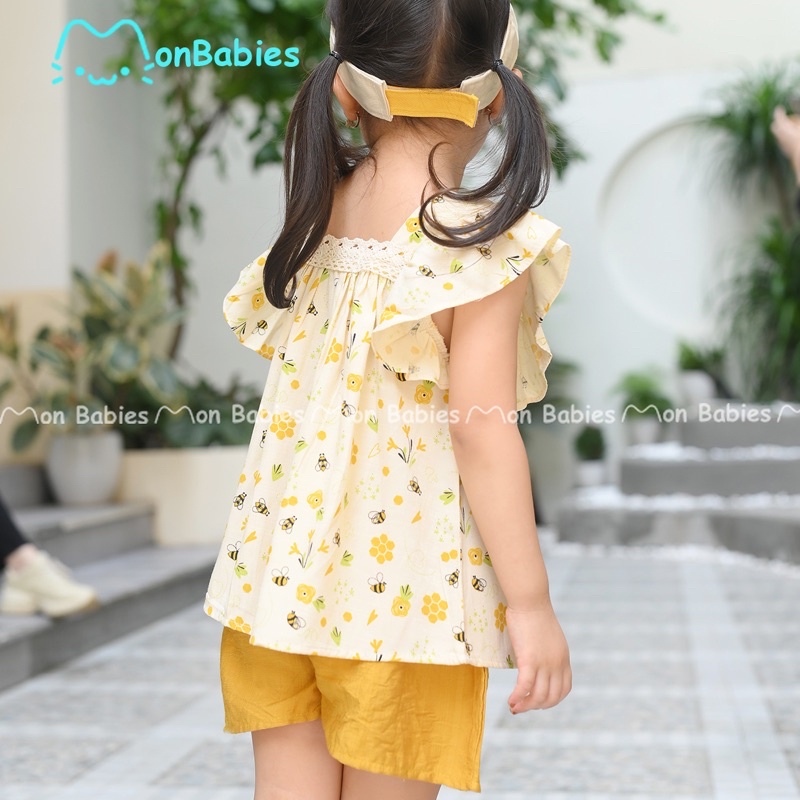 Quần áo bé gái 1-6 tuổi MonBabies VL75 chất đũi tằm cổ vuông phối họa tiết ong vàng