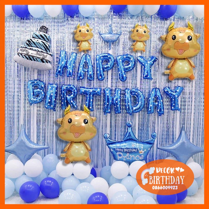 Set Trang Trí Sinh Nhật TUỔI TRÂU Cho Bé Trai, Bóng Y Hình Tặng Kèm Đồ Bơm Băng Dính Bóng