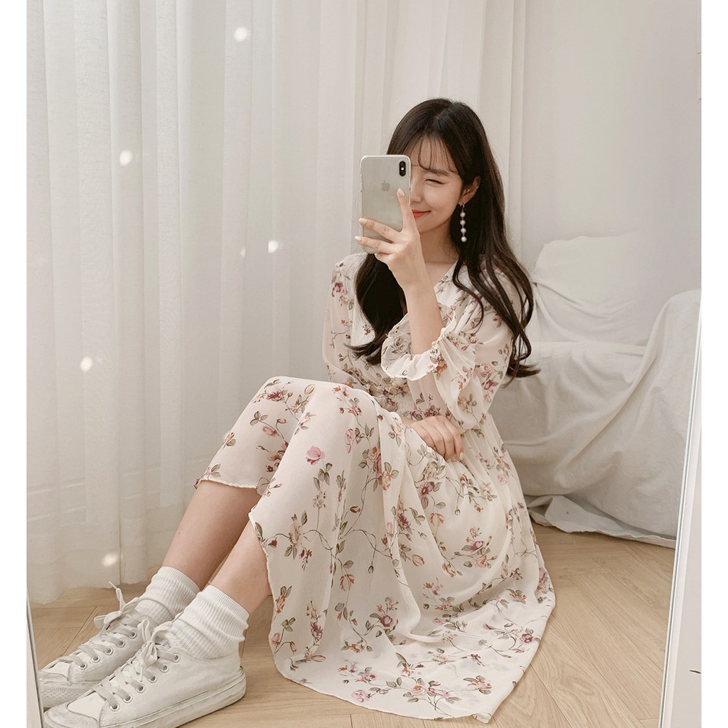 Đầm - Váy hoa nhí tay dài bo chun bèo babydoll, Đầm - Váy hoa nhí cổ V bánh bèo | BigBuy360 - bigbuy360.vn