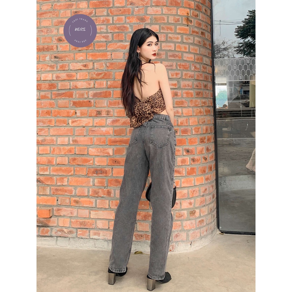 Quần jean nữ Herishop ống suông rộng, quần jean ống rộng màu đen trơn cơ bản cạp lưng cao | BigBuy360 - bigbuy360.vn