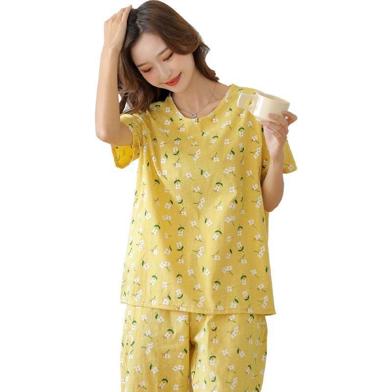 Bộ Đồ Ngủ Ngắn Tay Bằng Vải Cotton Họa Tiết Hoa Phong Cách Nhật Bản Dành Cho Nữ