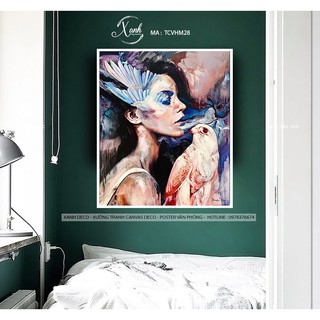 Tranh canvas cô gái và bồ câu tặng đinh treo tranh