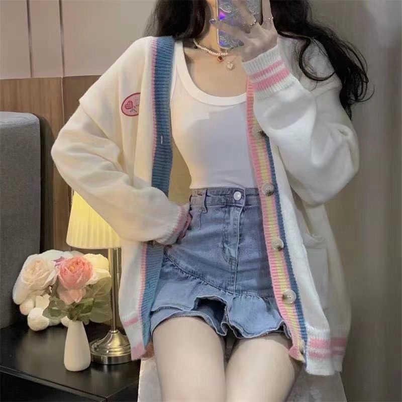 Jiashucheng Áo Khoác Cardigan Len Dáng Rộng Cổ Chữ V Màu Cầu Vồng Phong Cách Preppy Hàn Quốc Mùa Thu Đông Cho Nữ