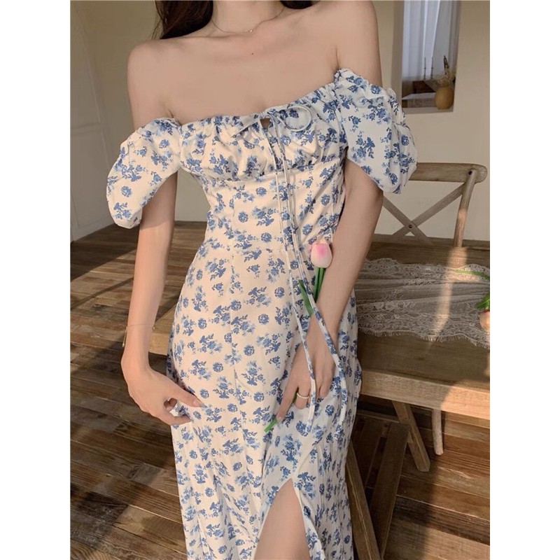 Maxi hoa trễ vai xẻ tà