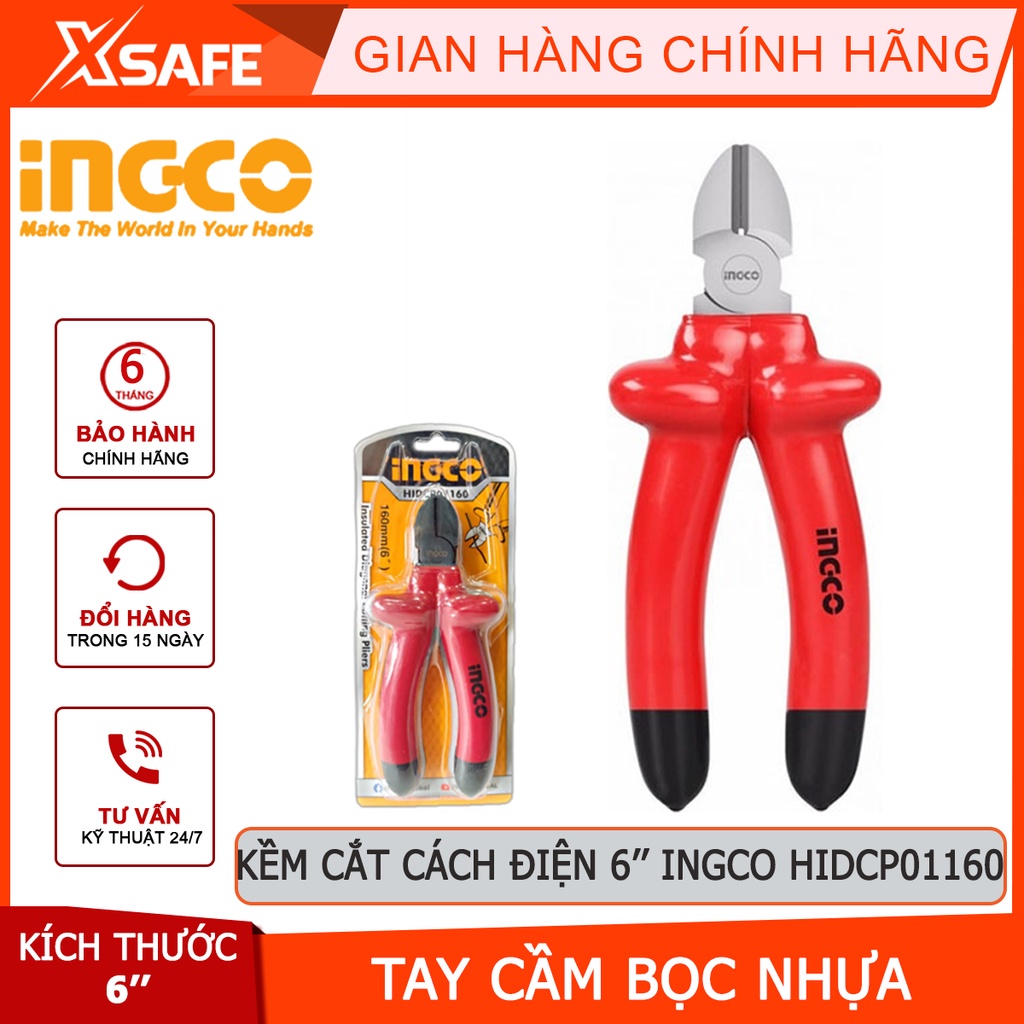 Kìm cắt cách điện INGCO HIDCP01160 Kềm cách điện 6 inch/160mm, tay cầm bọc nhựa chuyên dụng cách điện 1000V - [XSAFE]