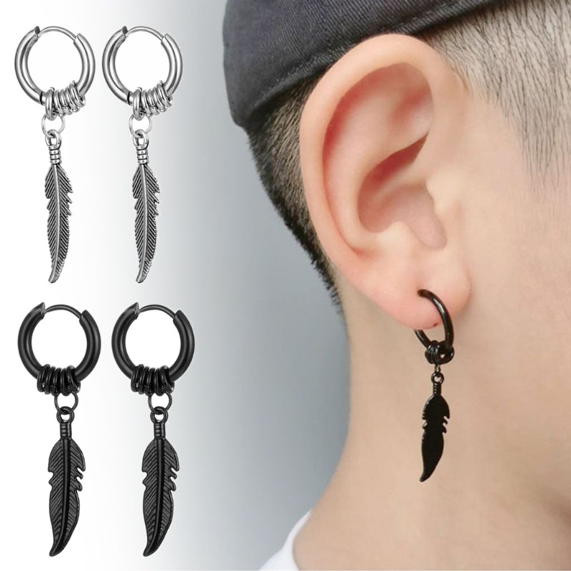 Khuyên tai dạng vòng gắn lông vũ phong cách cổ điển thời trang cho nam và nữ