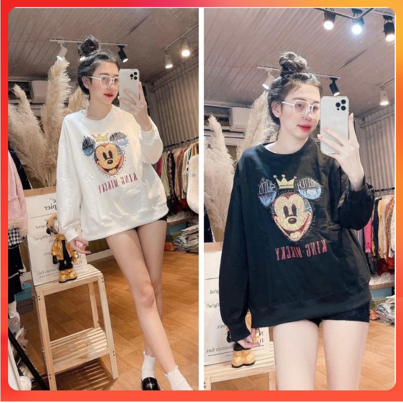Áo Sweater 3158 unisex hình Mickey- Áo nỉ 2 lớp nam nữ, áo nỉ cotton dày dặn form rộng 65kg