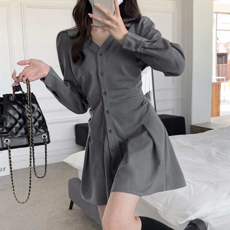 Đầm Sơ Mi Tay Dài Cổ Chữ V Thiết Kế Hợp Thời Trang
