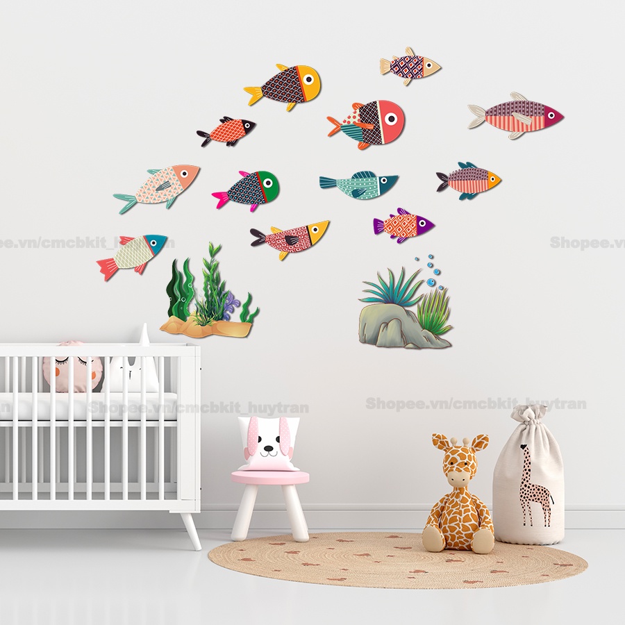 Bộ tranh gỗ 12 bé Cá decor dán tường cao cấp trang trí phòng khách, phòng ngủ, có sẵn băng dính