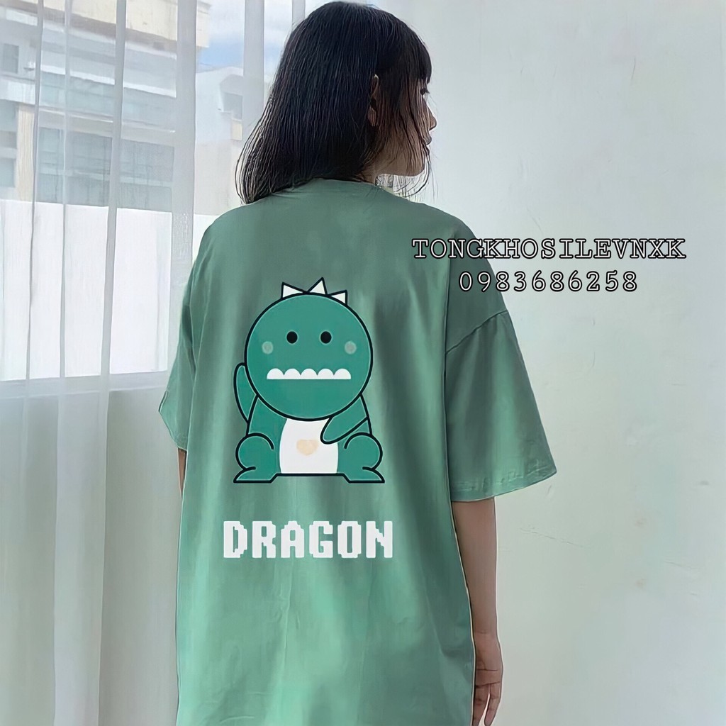 Áo Thun Dragon Nam Nữ Cotton Form Rộng - Áo Phông Khủng Long Tay Lỡ Unisex Xanh mint
