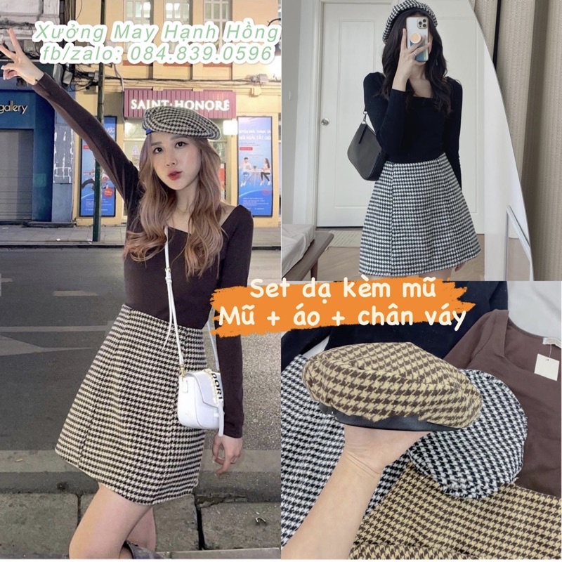 Set áo thun zip cổ vuông và chân váy ziczac kèm mũ hàng Quảng Châu