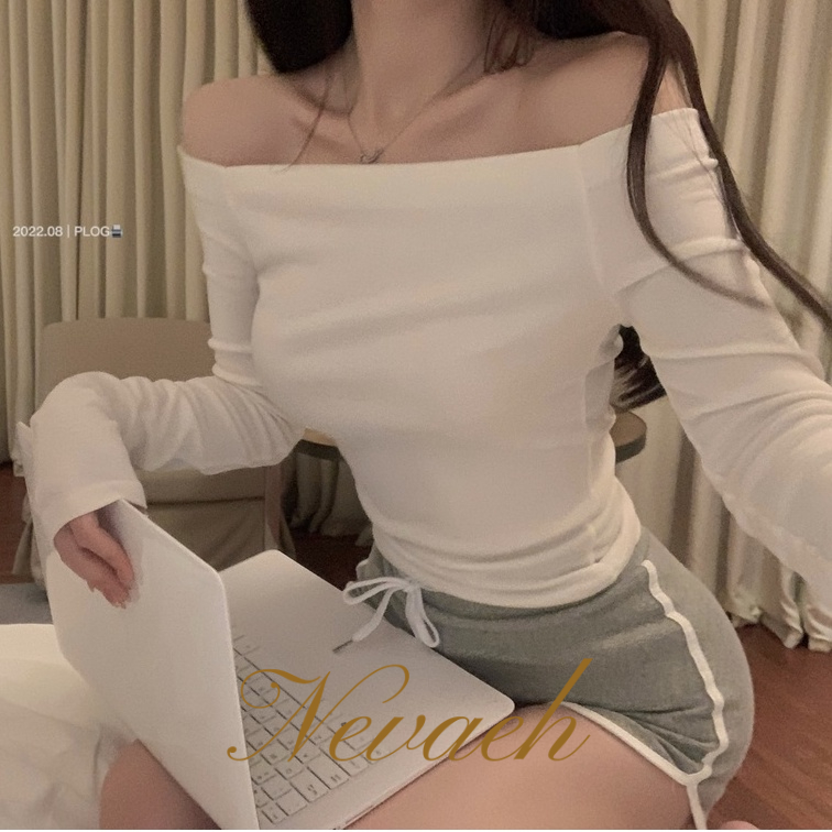Nevaeh Áo Thun Tay Dài Màu Trơn Ôm Dáng Màu Trơn Thiết Kế Hở Vai Thời Trang Mùa Thu Hàn Quốc Cho Nữ