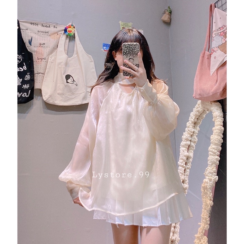 (Hình shop chụp) Áo tơ thắt nơ sao cổ + chân váy tennis