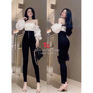 Quần bò cạp cao 5 cúc đan dây sau