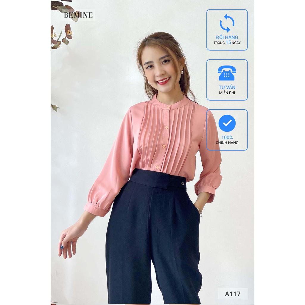 Áo sơ mi nữ công sở cổ trụ xếp ly kiểu dáng thanh lịch BEMINE A117HONG