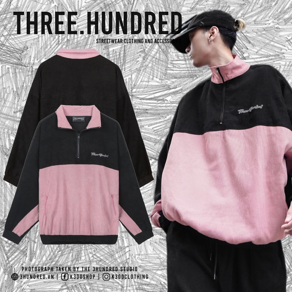 Áo Khoác Jacket Threehundred Chữ Thêu Có Khóa Kéo Chất Liệu Ticke Unisex Màu Đen Hồng