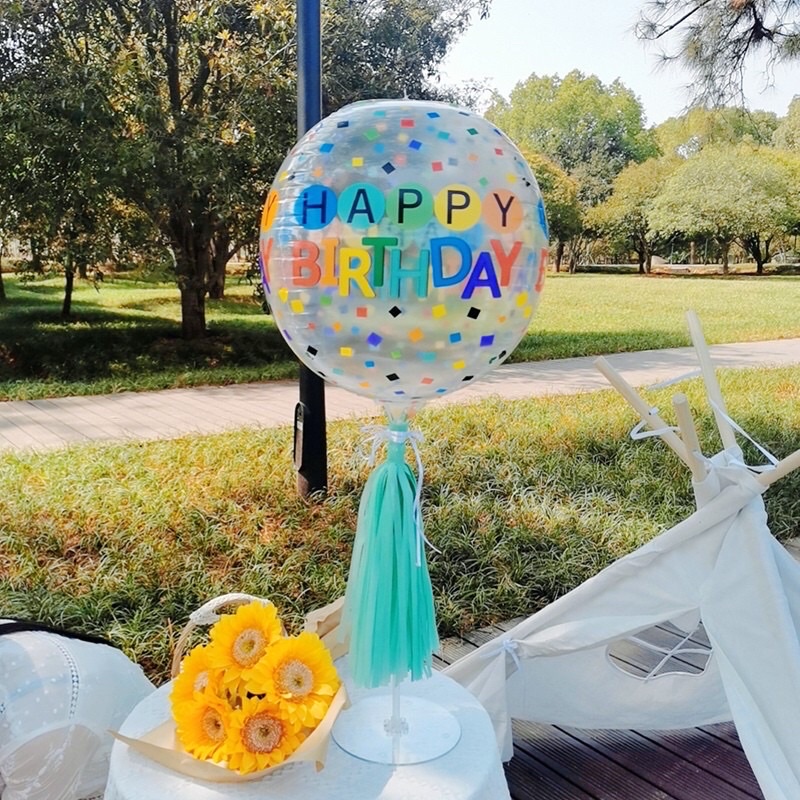 Bóng tròn nilong 4D happy birthday phong cách sinh nhật hàn quốc kèm trụ và tua rua