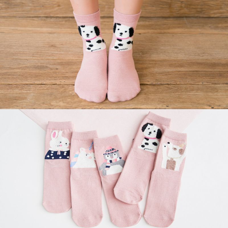 Set 5 Đôi Tất Dệt Kim Dày In Họa Tiết Hoạt Hình Nhiều Màu Sắc Thời Trang Mùa Đông Cho Nữ