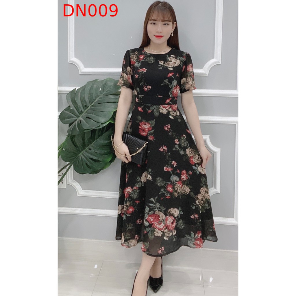 Đầm thiết kế Dori hoạ tiết hoa lụa voan hàn nhập khẩu cao cấp DN009