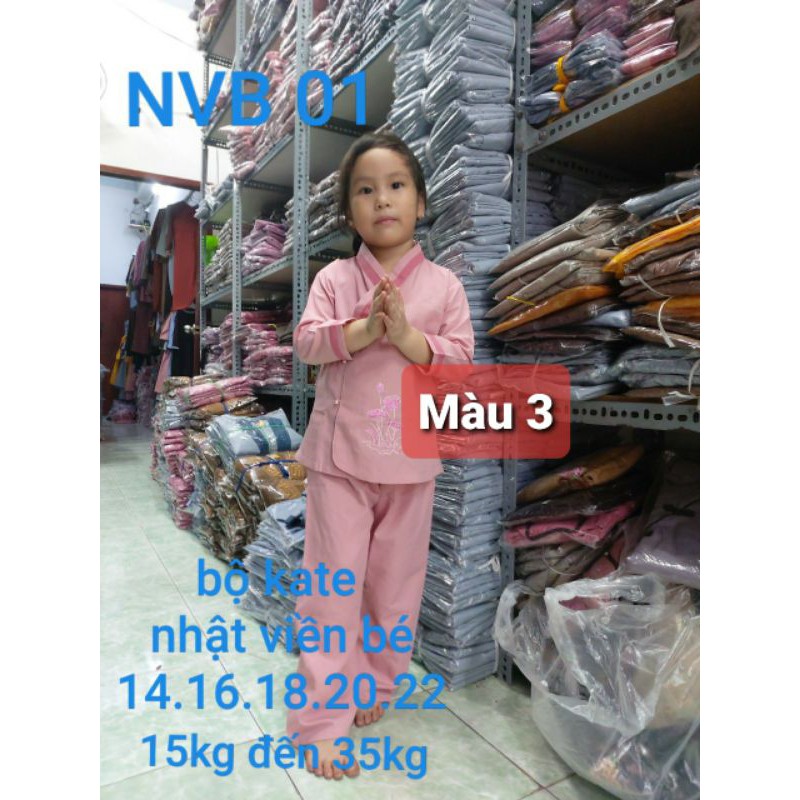 Đồ lam, đồ đi chùa, quần áo phật tử trẻ em 14-35kg. Bộ kate nhật viền bé gái
