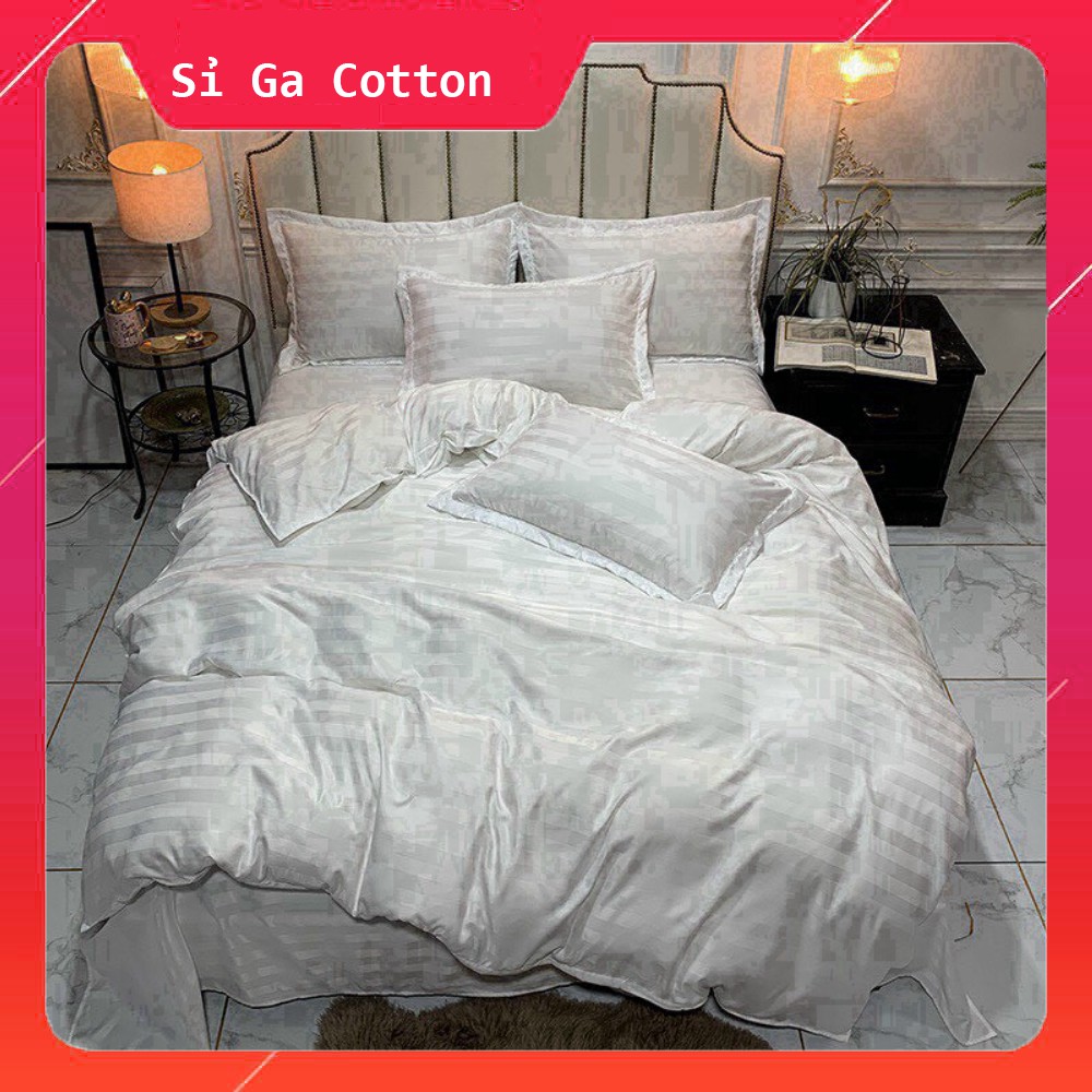 Bộ 4 Món Ga Gối SỌC 3F Vải Cotton Lụa Hàng Chuyên Cho Gia Đình Và Khách Sạn - Vàng Chanh- Sỉ Ga Cotton