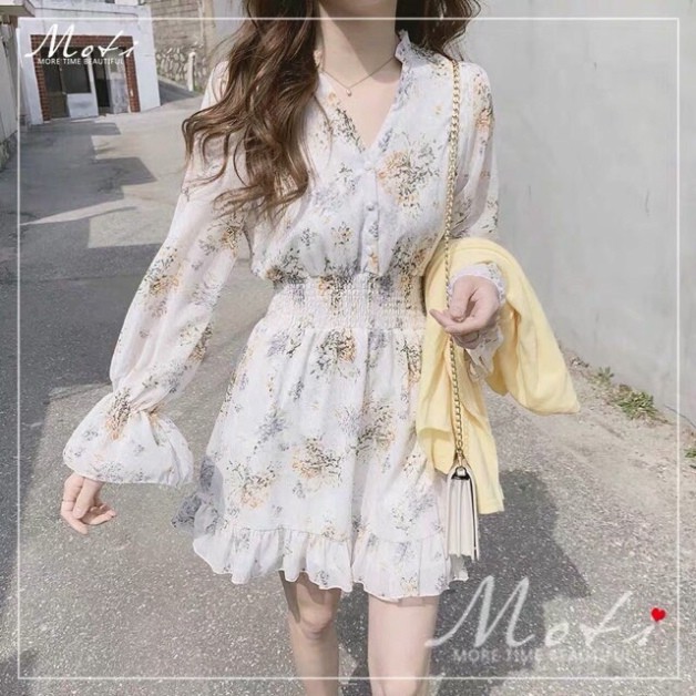 VÁY NỮ_ Váy hoa nhí vintage cổ V nền trắng be hoa xinh JAMOO (hàng sẵn) | BigBuy360 - bigbuy360.vn