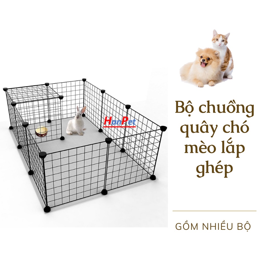 Doremiu- Bộ Chuồng quây chó mèo lưới lắp ghép có cửa chuồng cũi kèm chốt, dây rút