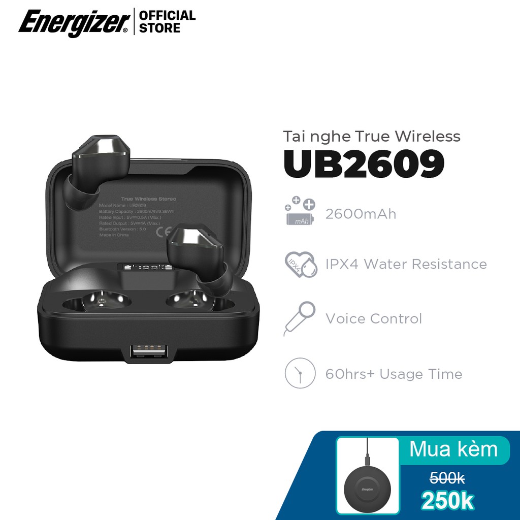 Tai nghe True Wireless Energizer UB2609 - Bluetooth V5.0, tích hợp sạc dự phòng 2600mAh, kháng nước IPX4-Hàng Chính Hãng