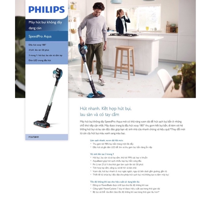 Mây hút bụi không dây dạng cán Philips FC6728 - Hàng chính hãng - Bảo hành 24 tháng